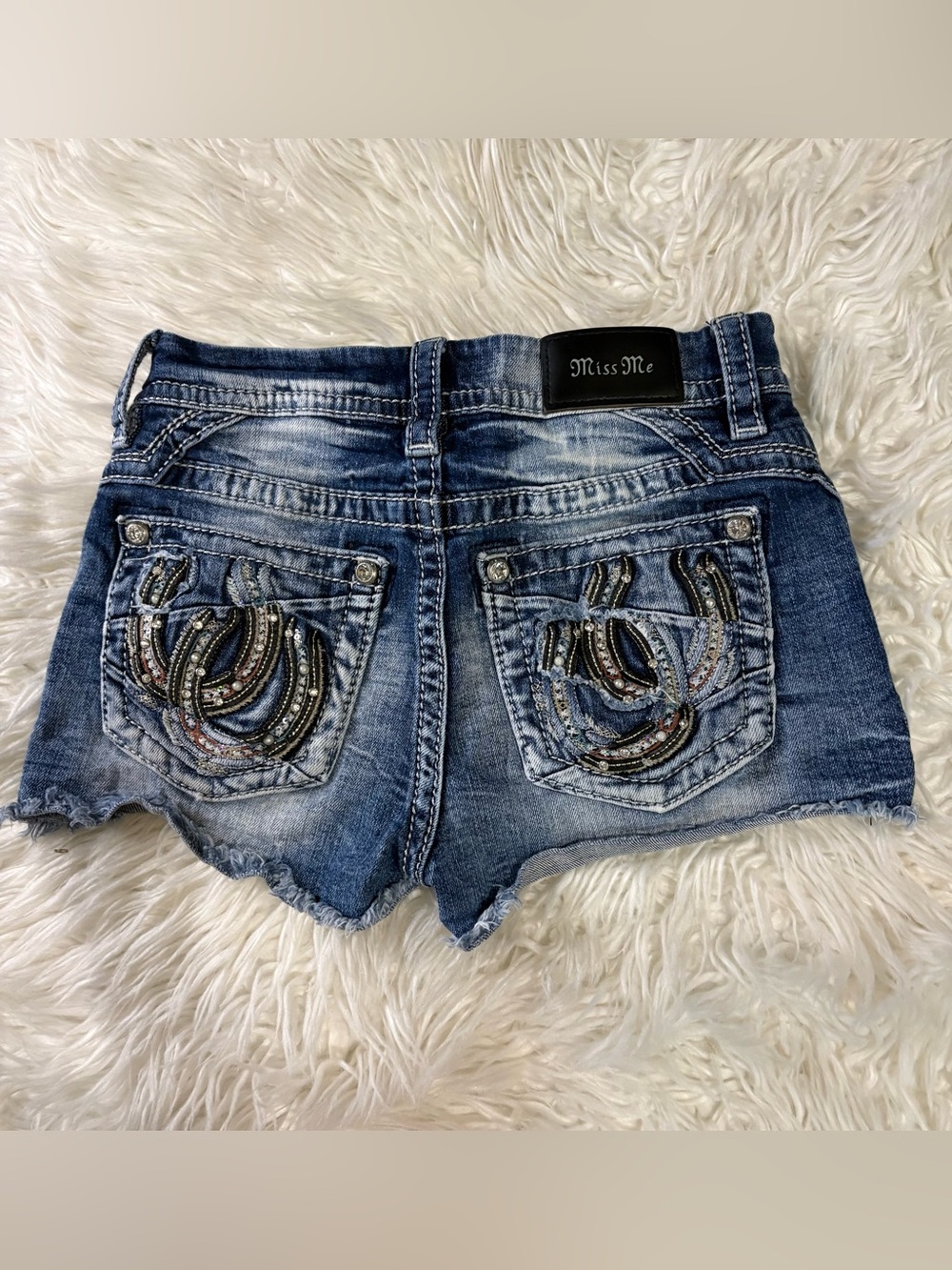 Miss Me Distressed Blue Embellished Denim Shorties